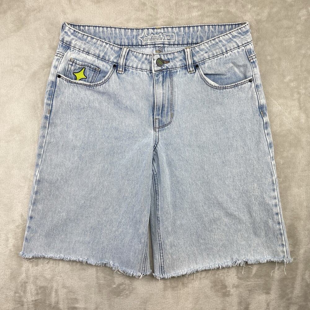 A-Lab Y2K Light Blue Acid Wash Jorts Size 6 Neon Accents Raw Hem Skatercore
